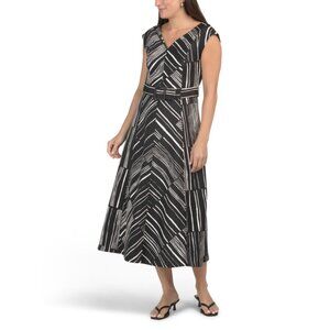 CALVIN KLEIN Black/white V-neck Belted Scuba Knit Midi Dress